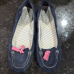 Sperry Blue Suede Loafers with Pink Tassels